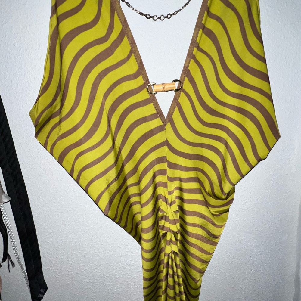 Striped V-Neck Dress in Yellow and Brown - Picture 7 of 12